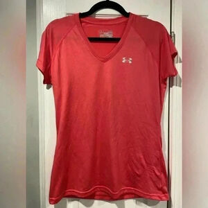 Under Armour Womens Pink Short Sleeve Semi Fitted Tech V-Neck T-Shirt S